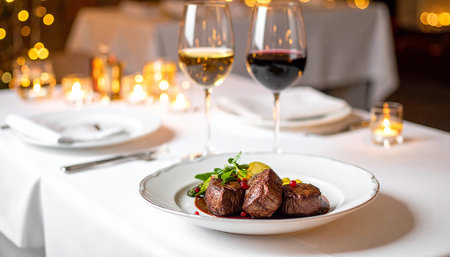 Beef steaks with vegetables and red wine on a restaurant tableの素材