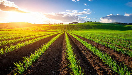 Agricultural field with rows of young corn seedlings at sunsetの素材