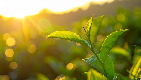 tea leaf at sunrise in the morning, Chiang Rai, Thailandの素材