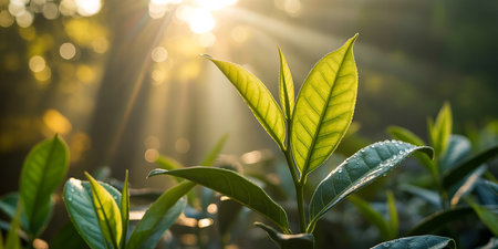 Green tea leaves with sun rays in the morning. Nature background.の素材