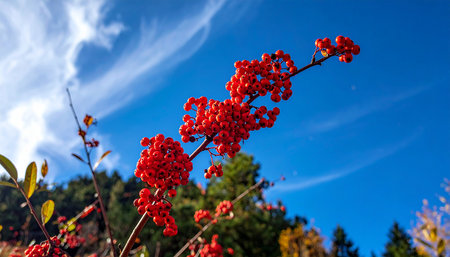Red rowan berries on a branch against a blue sky with cloudsの素材