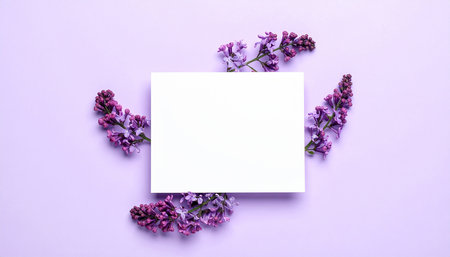 Blank card with lilac flowers on violet background, top viewの素材