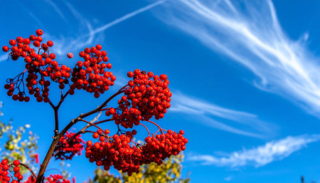 Red rowan berries on a blue sky background. Autumn landscape.の素材