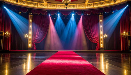 Red carpet and red velvet curtains in a theater, illuminated by spotlightsの素材