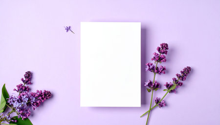 Lilac flowers and blank card on violet background. Flat lay, top viewの素材