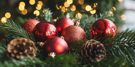 Christmas tree decoration with red balls and pine cones on bokeh backgroundの素材