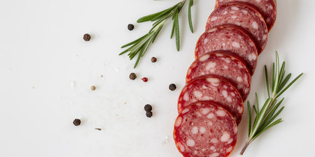 Sliced salami with rosemary and peppercorns on white backgroundの素材