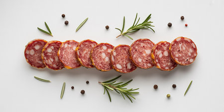Sliced salami with rosemary and peppercorns on white backgroundの素材