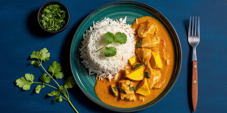 Chicken tikka masala curry with rice and corianderの素材