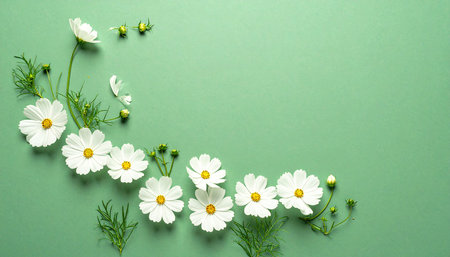 White cosmos flowers on green background. Flat lay, top view, copy spaceの素材
