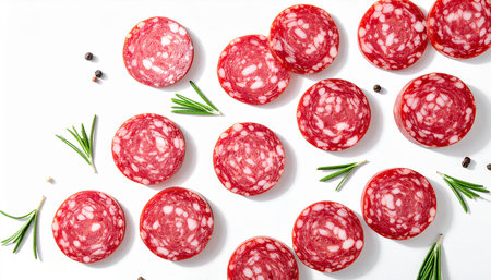 Slices of salami with rosemary and peppercorns on white backgroundの素材