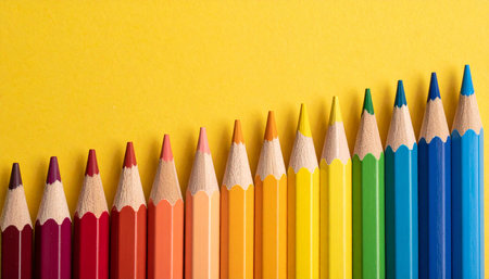 Colorful pencils on yellow background. Back to school concept.の素材