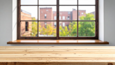 Empty wooden table over blurred window and city view background, product display montageの素材