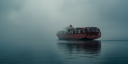 A large container ship in a foggy sea. Toned.の素材