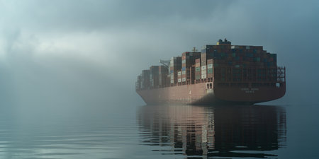 A large container ship in a foggy sea. 3D renderingの素材