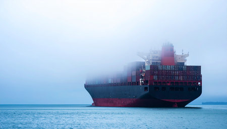 Cargo ship in the sea in the fog. Transportation and logistics concept.の素材