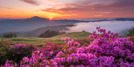 Rhododendron flowers on the mountain at sunrise. Nature backgroundの素材