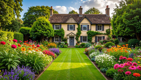 English cottage with flower beds in the garden.の素材