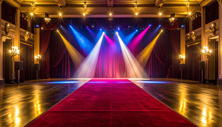 stage lighting effect in the dark room with red carpet and golden curtainsの素材