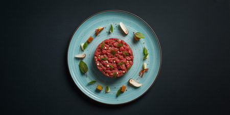Beef tartare on a blue plate on a dark background.の素材
