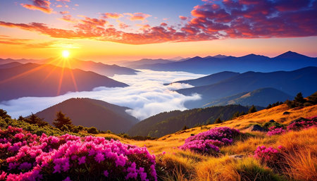 Colorful summer sunrise in the mountains with pink rhododendronsの素材