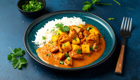 Chicken tikka masala curry with rice and corianderの素材