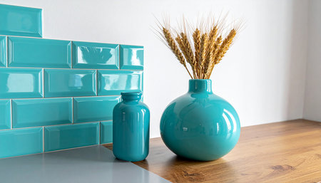 Blue ceramic vase with spikelets of wheat on the table.の素材