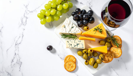 Cheese platter with red wine, olives and crackersle backgroundの素材