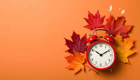 Alarm clock and autumn leaves on orange background. Top view with copy spaceの素材