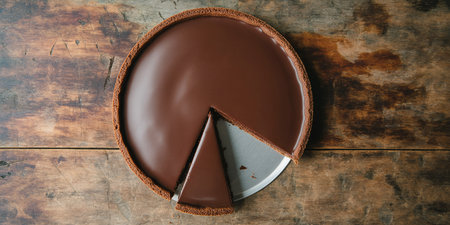 Chocolate cake on wooden table. Top view with copy space.の素材