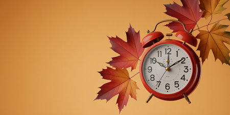 Autumnal background with alarm clock and maple leaves. 3d illustrationの素材