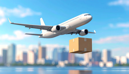 Airplane with cardboard box on the background of the city. 3d illustrationの素材