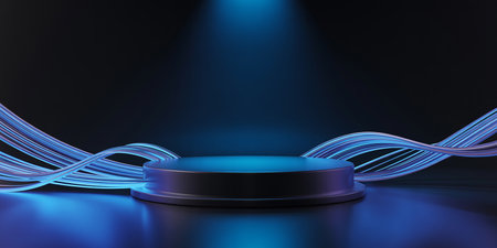 Black podium with blue waves on dark background. 3D rendering.の素材