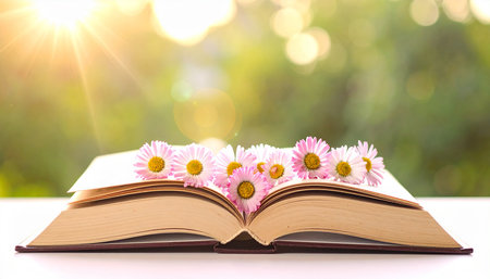 Open book with pink daisies on bokeh background.の素材