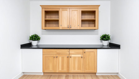 Interior of modern kitchen with white walls and wooden cabinets. 3d renderingの素材