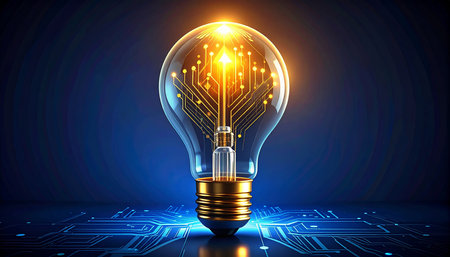 Electronic circuit in a light bulb on a dark background. Vector illustration.の素材