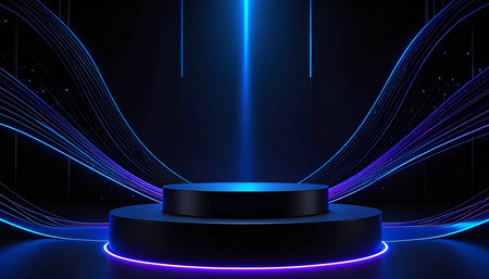 Abstract dark blue background with podium and neon lines. 3d renderの素材