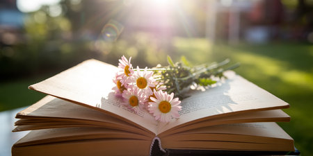Open book with daisies on the table in the garden.の素材