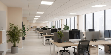 Modern coworking office interior with computers and plants. 3D Renderingの素材