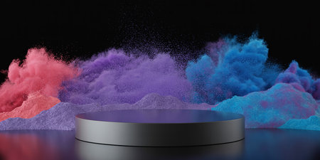3d render of black podium with colorful powder explosion on black backgroundの素材