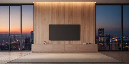 Tv on the wall in modern living room with city view. 3D Renderingの素材