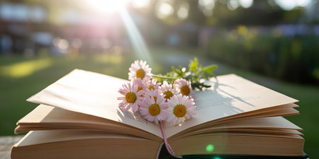 Open book with a bouquet of daisies on it.の素材