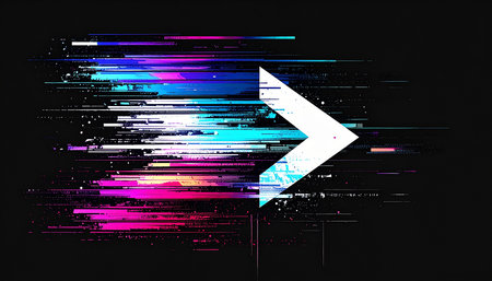 Arrow icon with glitch effect on dark background. Vector illustration.の素材