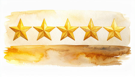 Watercolor illustration of five golden stars on a watercolor background.の素材