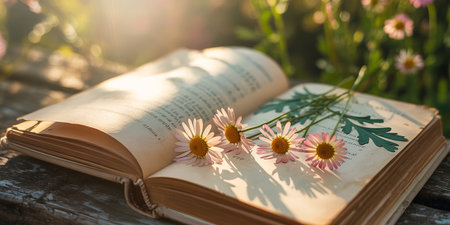 Open book with chamomile flowers on wooden table in sunlightの素材