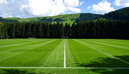 Football field with green grass and blue sky with white clouds, Switzerlandの素材