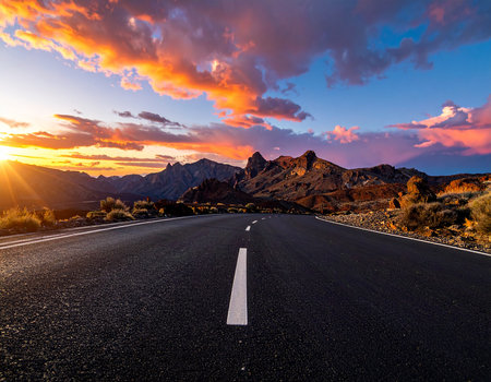 Road in the desert at sunset, California, United States of Americaの素材