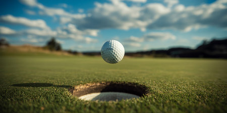 Golf ball on green grass and hole in golf course with blue skyの素材