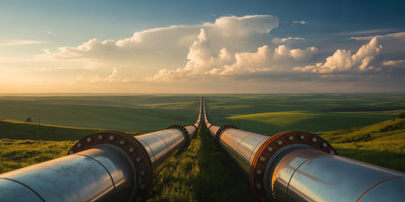 Pipeline in the field at sunset. 3D rendering.の素材