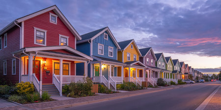 Row of colorful houses in a row on a street at dusk.の素材
